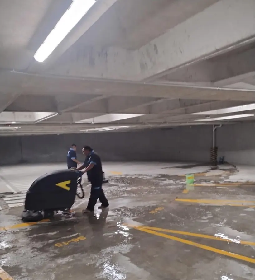 Fregadora en estacionamiento